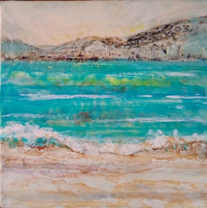 Waters Edge, Encaustic on Canvas, 40 x 40cm, Paula Josling, $400