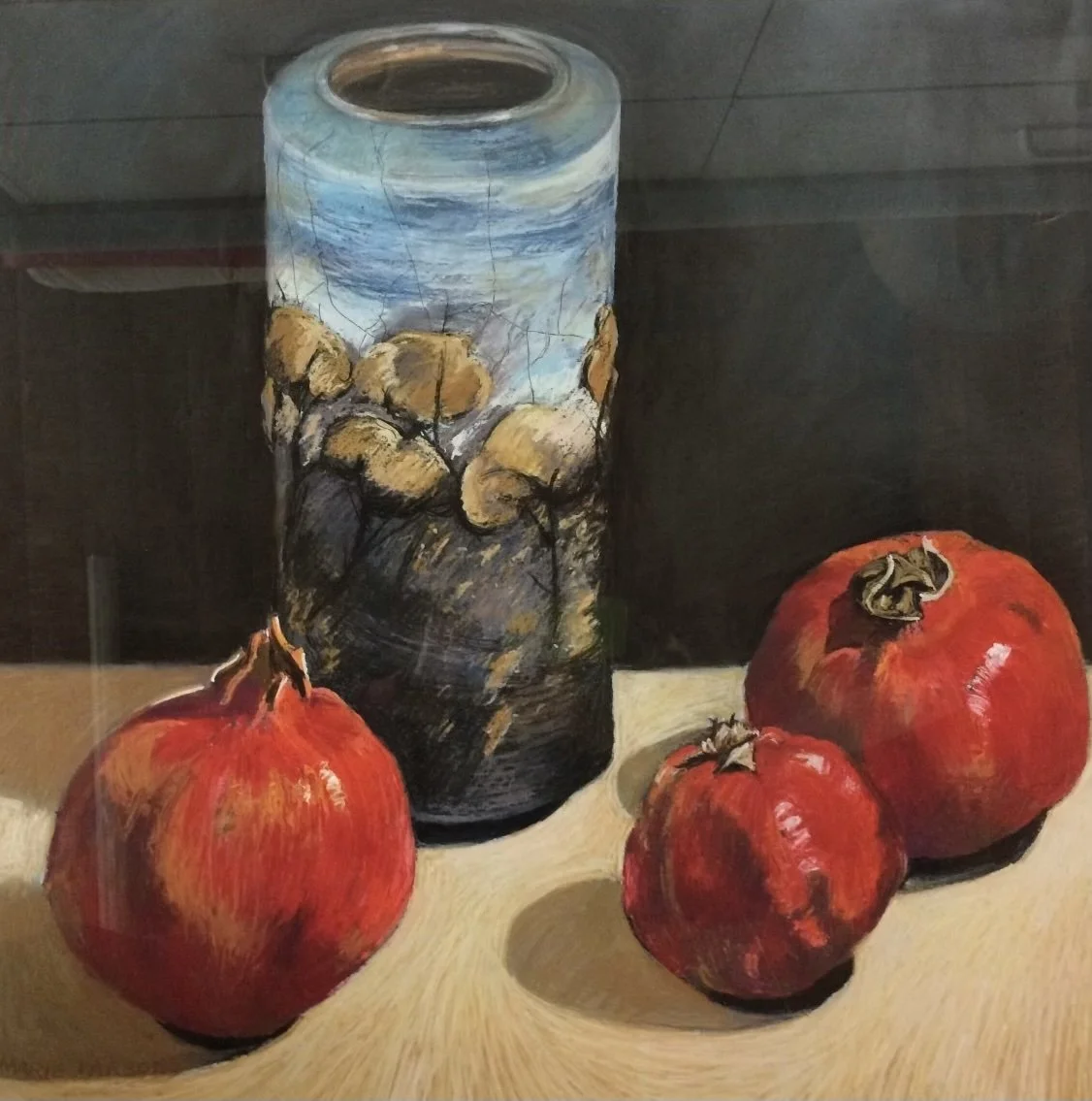JEFF MINCHAM POT WITH POMEGRANATES, Pastel, 56 x 56cm, Marie Parsons, $1,200