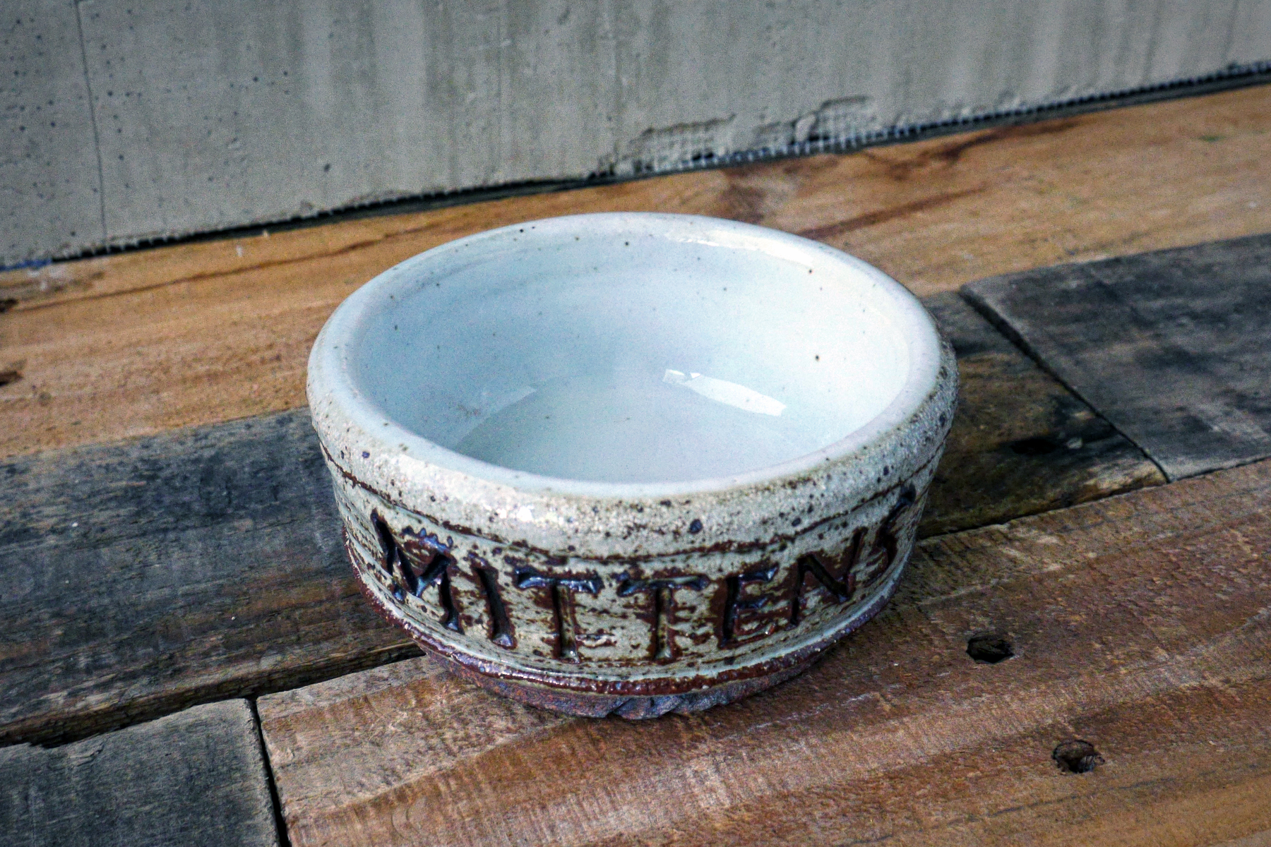 Extra small pet dish in rusted white with custom text and white interior.