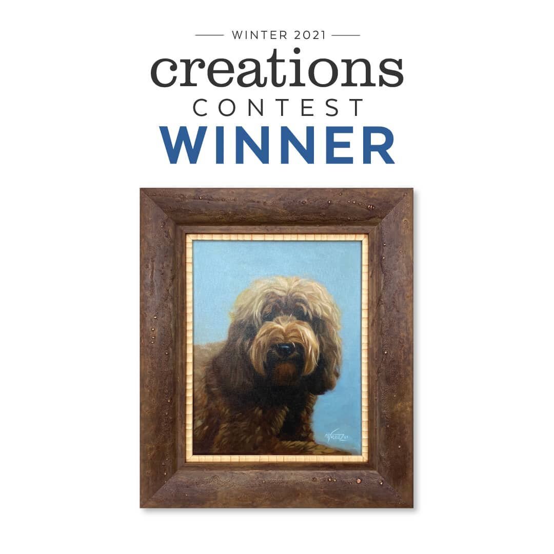 Congrats to Amy &amp; Chad and the whole team @four_corners_framing in Tampa. This lovely #petportrait of shop dog Chloe is the Winter winner in the #bellacreationscontest. Read more about it on the blog! (Link in bio) #dogstagram #dogsofinstagram #f