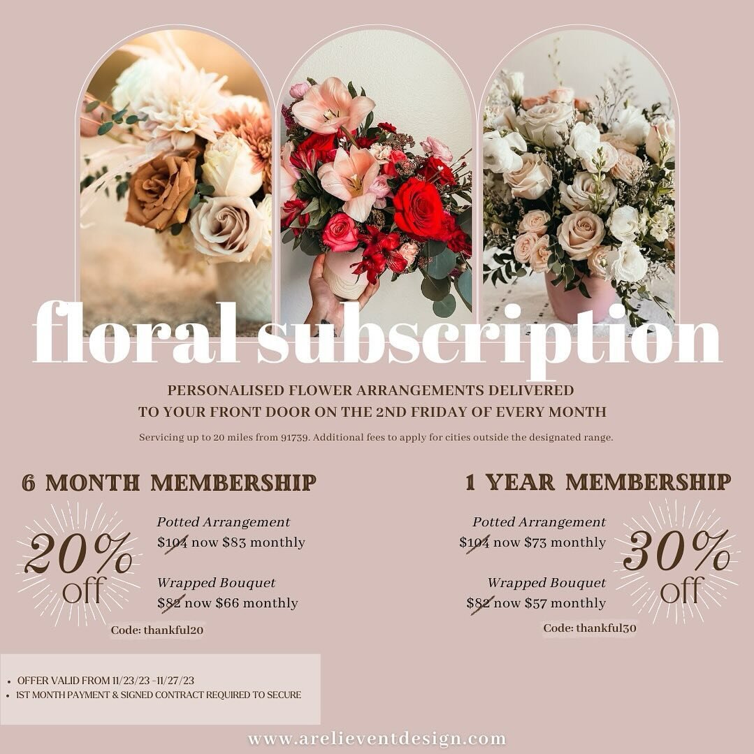 FLORAL SUBSCRIPTION 
Shop Small Business Saturday 

We&rsquo;re thankful for you all! 

We know our clients can&rsquo;t be brides forever but that doesn&rsquo;t mean you can&rsquo;t get yourself some gorgeous blooms year around. Treat yo self - sign 