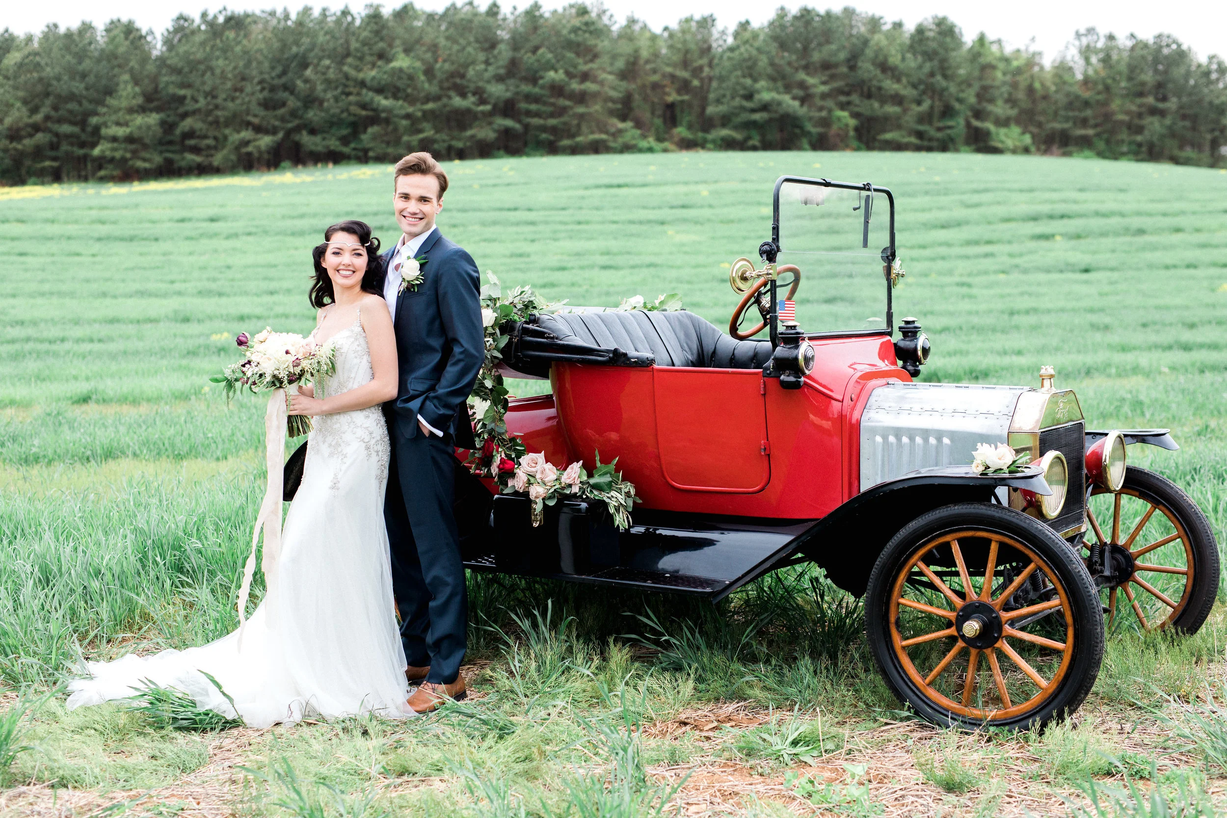 Rose garland on 1915 Model T by Love & Luster Floral Design