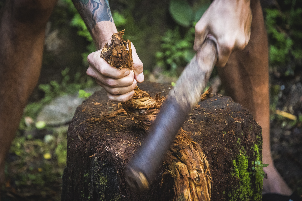 Andre hammering the Ayahuasca vine.