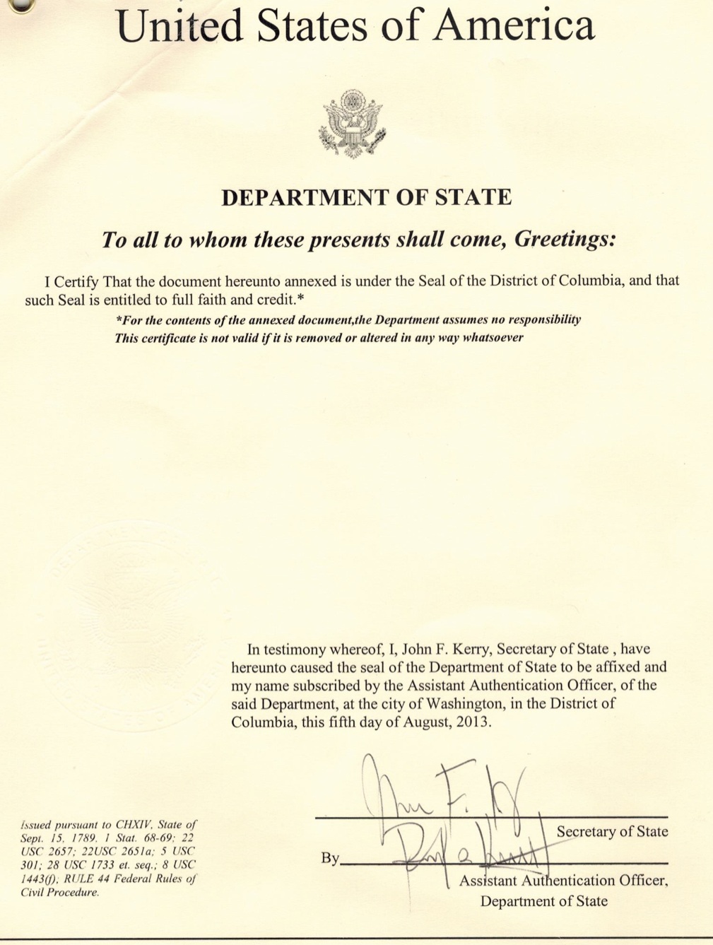 US Department of state apostille