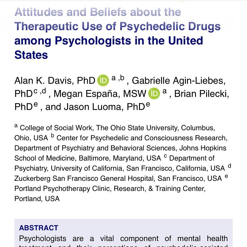 New article in Journal of Psychoactive Drugs!
Abstract: Psychologists are a vital component of mental health treatment and their perceptions of psychedelic-assisted therapy are critical for future implementation. This cross-sectional quasi-experiment