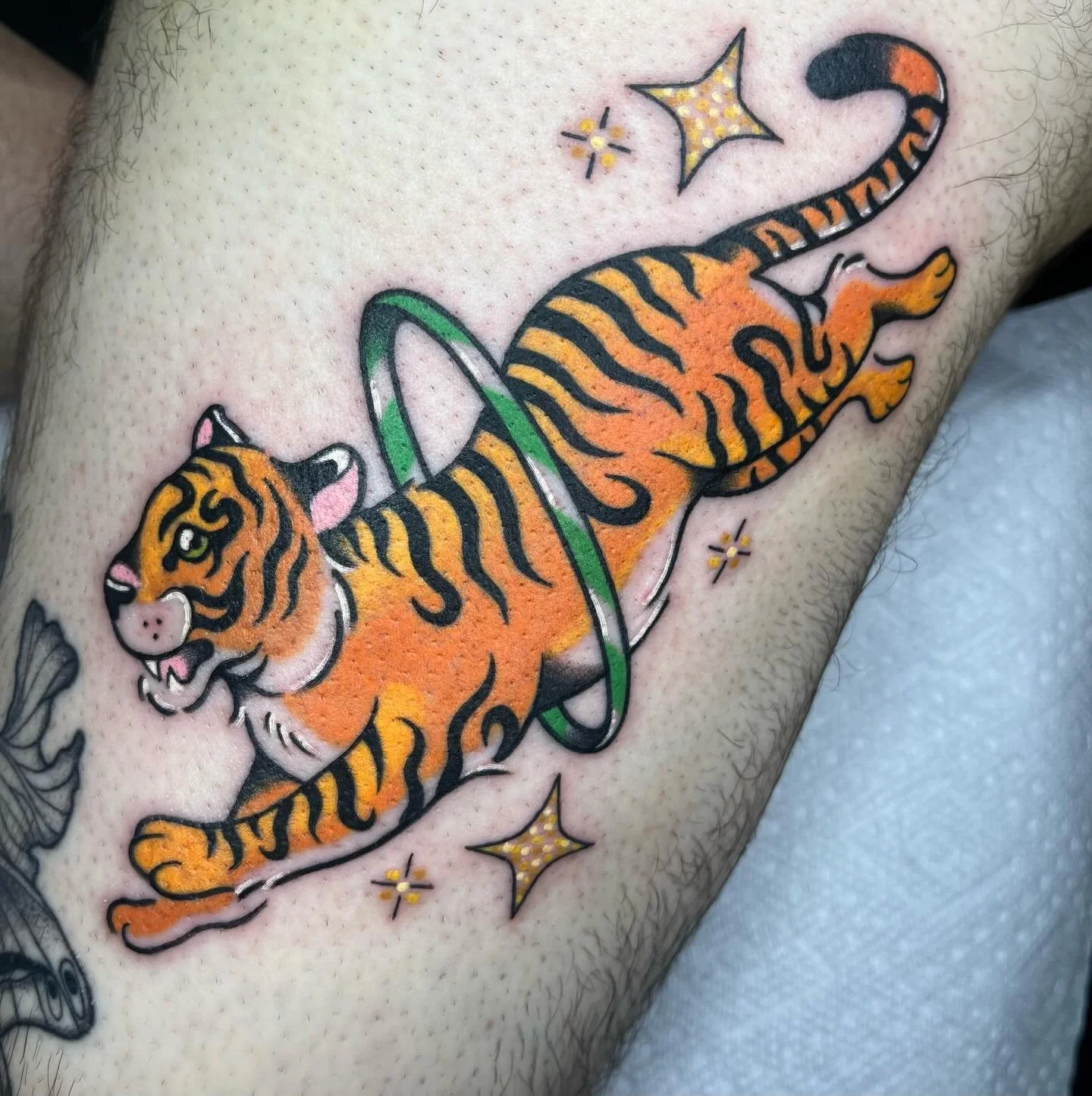 From my flash!!
Stoked on this one!
🐯⭕️🎪
I&rsquo;d love to do this flash again in b&amp;g or other colors, and I&rsquo;d love to do other animals jumping through hoops, portals, etc. Maybe dressed like a clown!
🤡 ✨
Still booking flash only for new