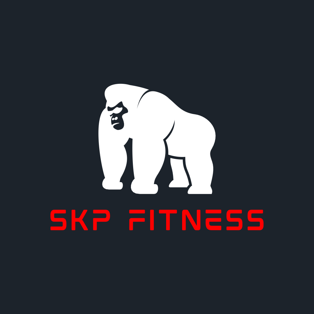 A logo featuring a stylized white gorilla on a dark background with red text that reads 'SKP FITNESS'.