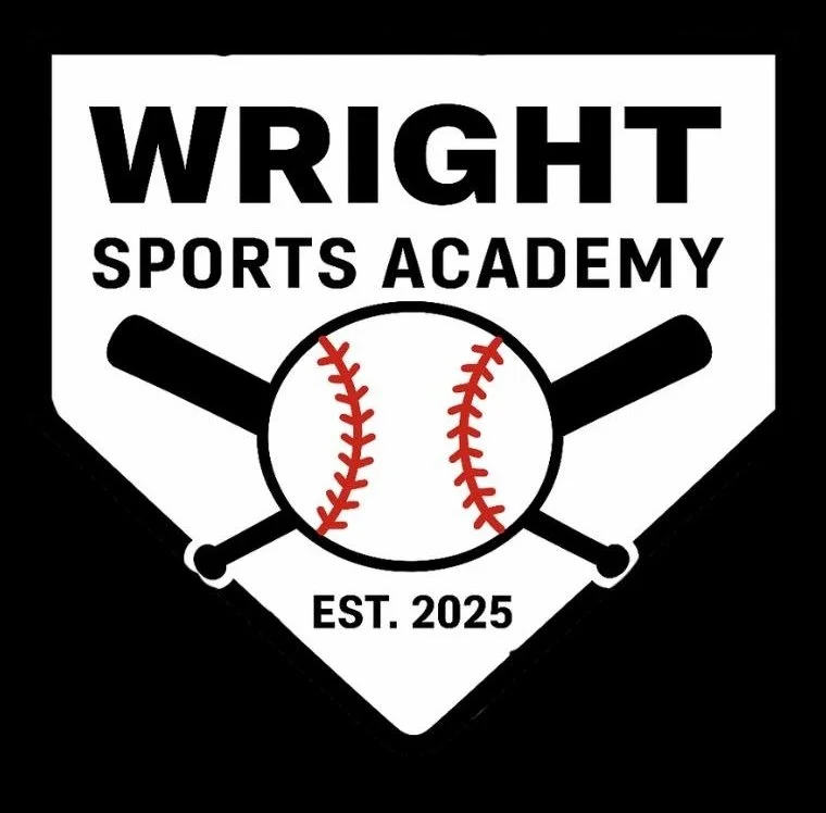 Logo for Wright Sports Academy featuring a baseball with red stitching, two black bats crossing behind it, and text indicating the academy was established in 2025.