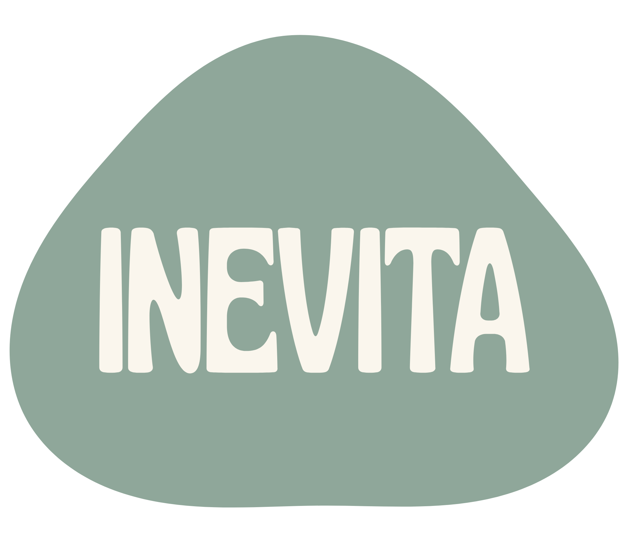 Stylized text 'INEVITA' inside a rounded triangular shape with muted green color.