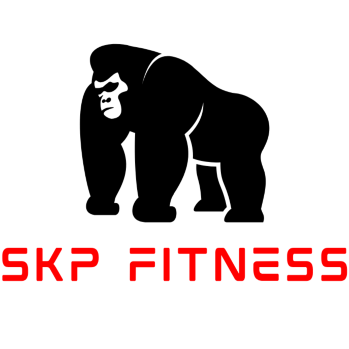 A black and white illustration of a gorilla in a crouching pose, with the text 'SKP FITNESS' in bold red letters below.
