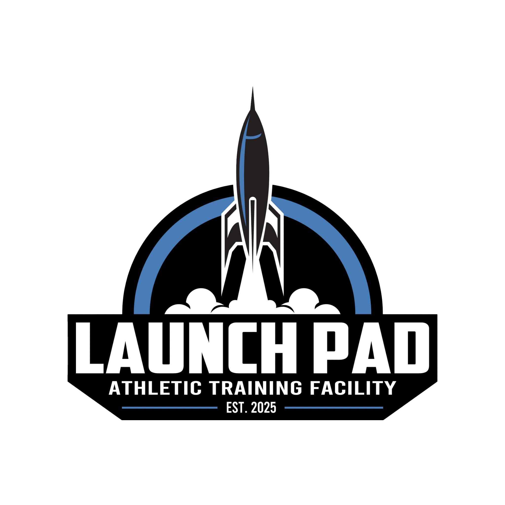 Logo for Launch Pad Athletic Training Facility featuring a stylized rocket launching upward with a black and blue color scheme and the text "Launch Pad Athletic Training Facility EST. 2025".