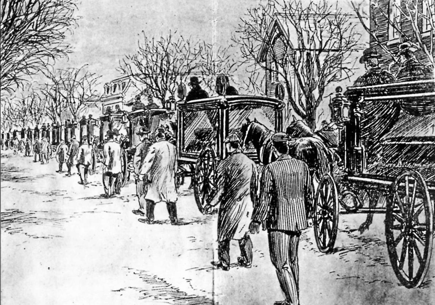 An artist captures the scene as victims of the Rhoads Opera House fire are taken to Fairview Cemetery for burial.