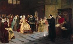 John Dee performing an experiment before Queen Elizabeth I. Oil painting by Henry Gillard Glindoni. 1913 (Wikimedia Commons)