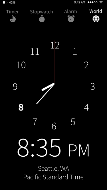 Analog view. Default screen for Clock.