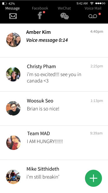 List view. Default screen for the Messages app.