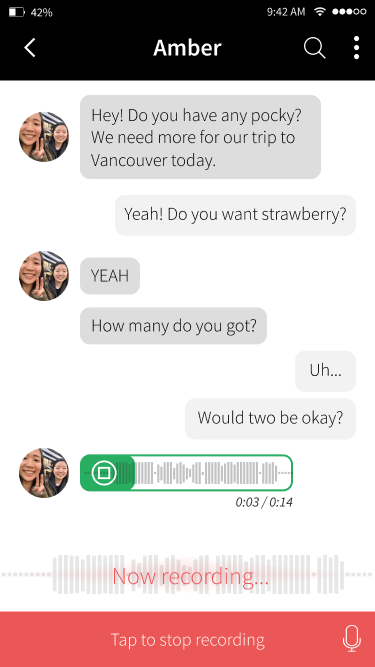 Detail view. To record your voice message, tap on the microphone icon in the bottom right. To cancel, tap the red area.