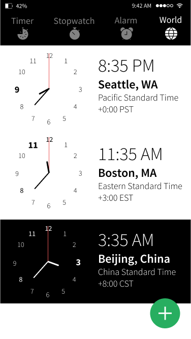World – List view. To add or remove a time zone, tap the green floating action button.