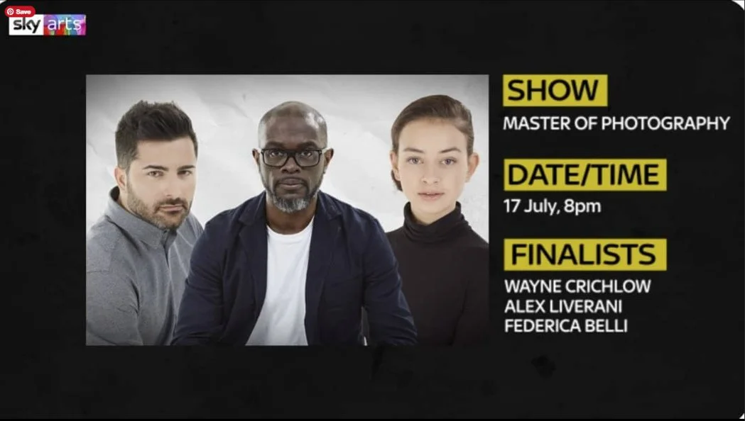 Image promoting a photography show on Sky Arts featuring three finalists, Wayne Crichlow, Alex Liverani, and Federica Belli. Show details: date and time - July 17 at 8 pm.