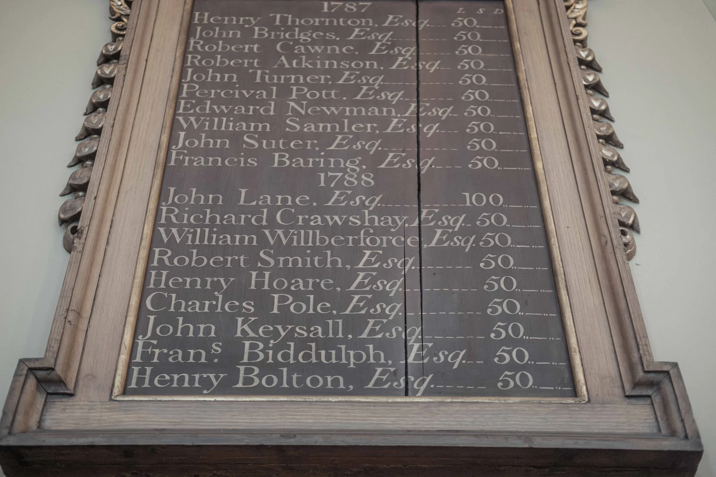 Close-up of a historic benefactors' board dated 1787, listing names and donations to St Bartholomew's Hospital.