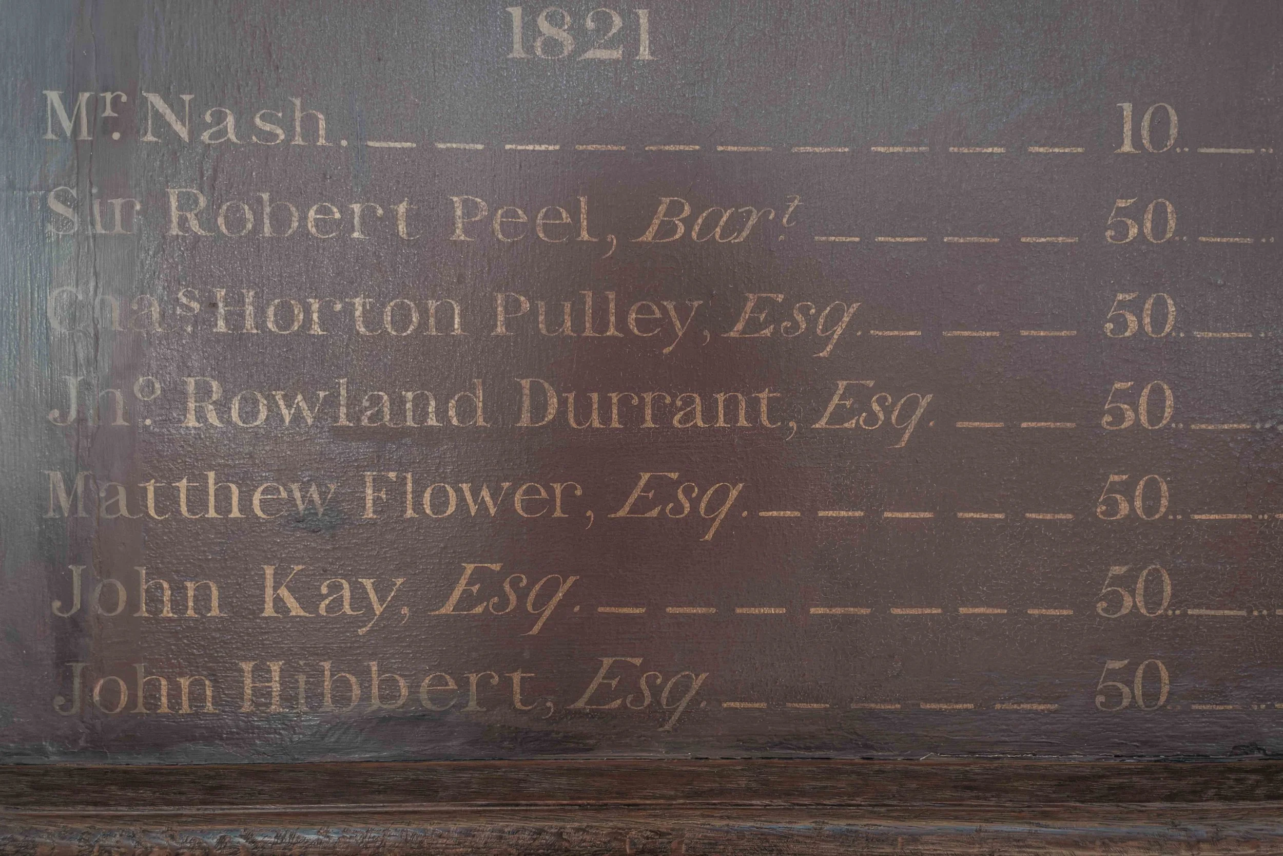 Close-up of an 1821 benefactors' board at St Bartholomew's Hospital, displaying names and recorded donations.
