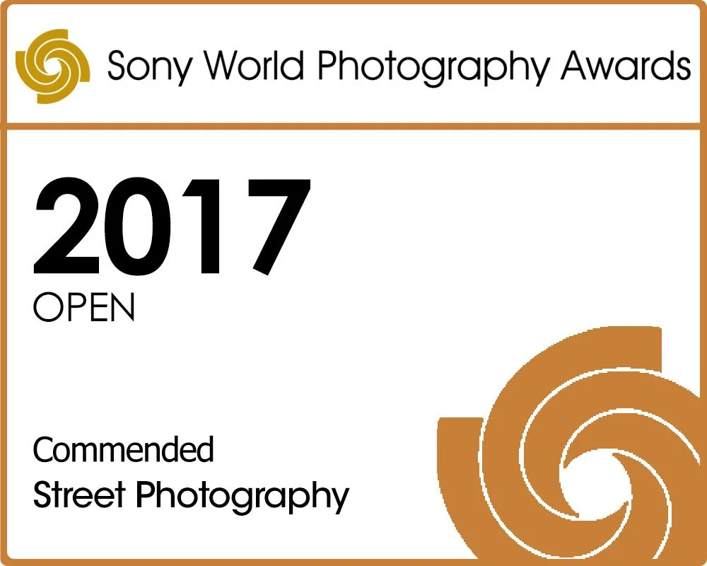 Sony World Photography Awards badge with '2017 Open' and 'Commended Street Photography' text.