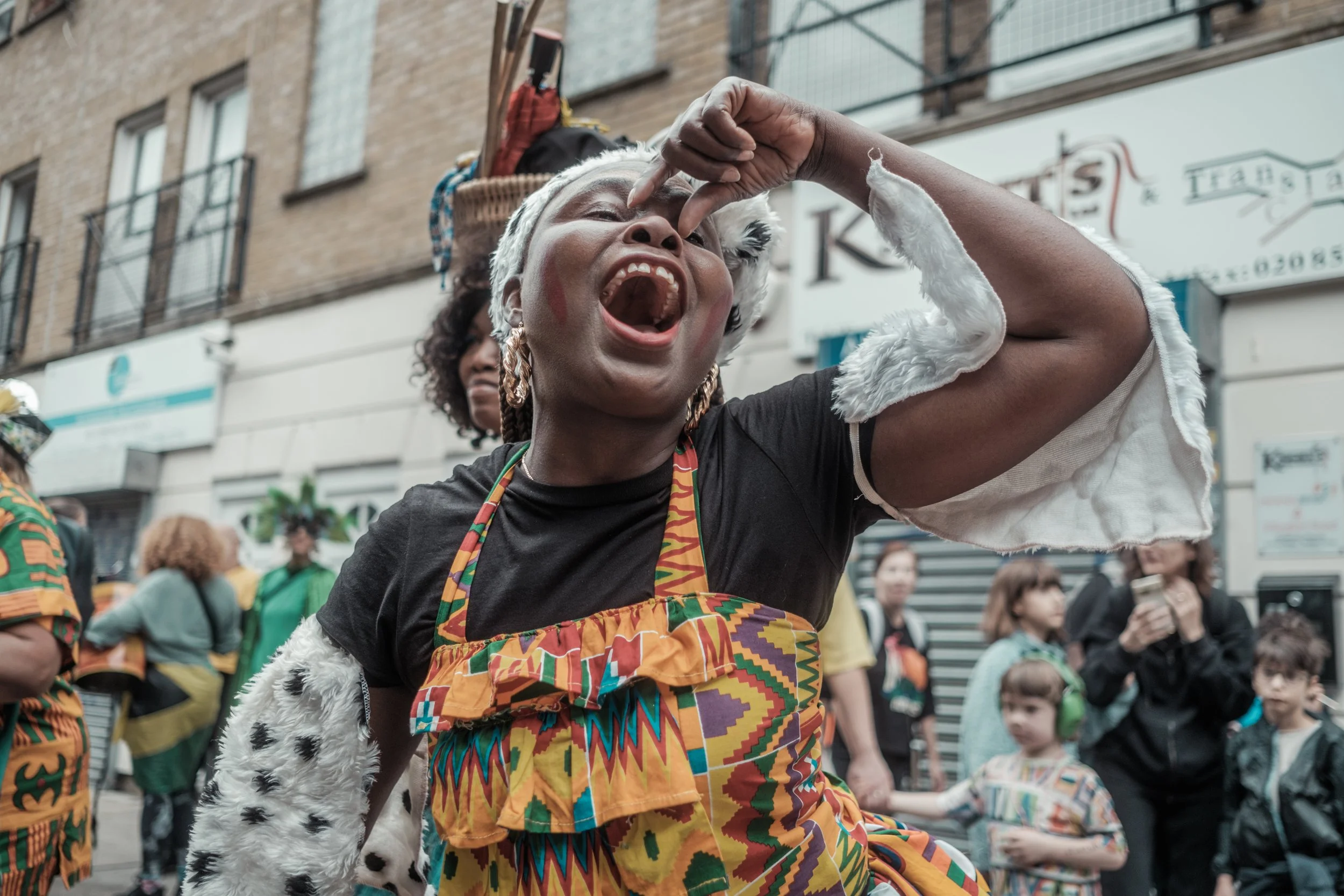 A Carnival performer sings and celebrates during the final Hackney Carnival in London on 22 September 2024, photographed as part of Wayne Crichlow's documentary project recording the event's last edition.