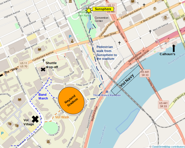 From the Sunsphere, get on the 2nd Creek Greenway to head to the river and the stadium. By the river you can turn left to walk down the Neyland Greenway or right to walk around the stadium to the Vol Village. 