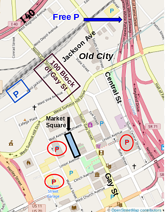 Map of downtown and the Old City with parking lots and garages marked