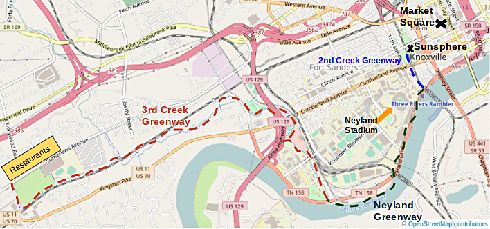 Overview of the route connecting the 2nd Creek, Neyland, and 3rd Creek Greenways