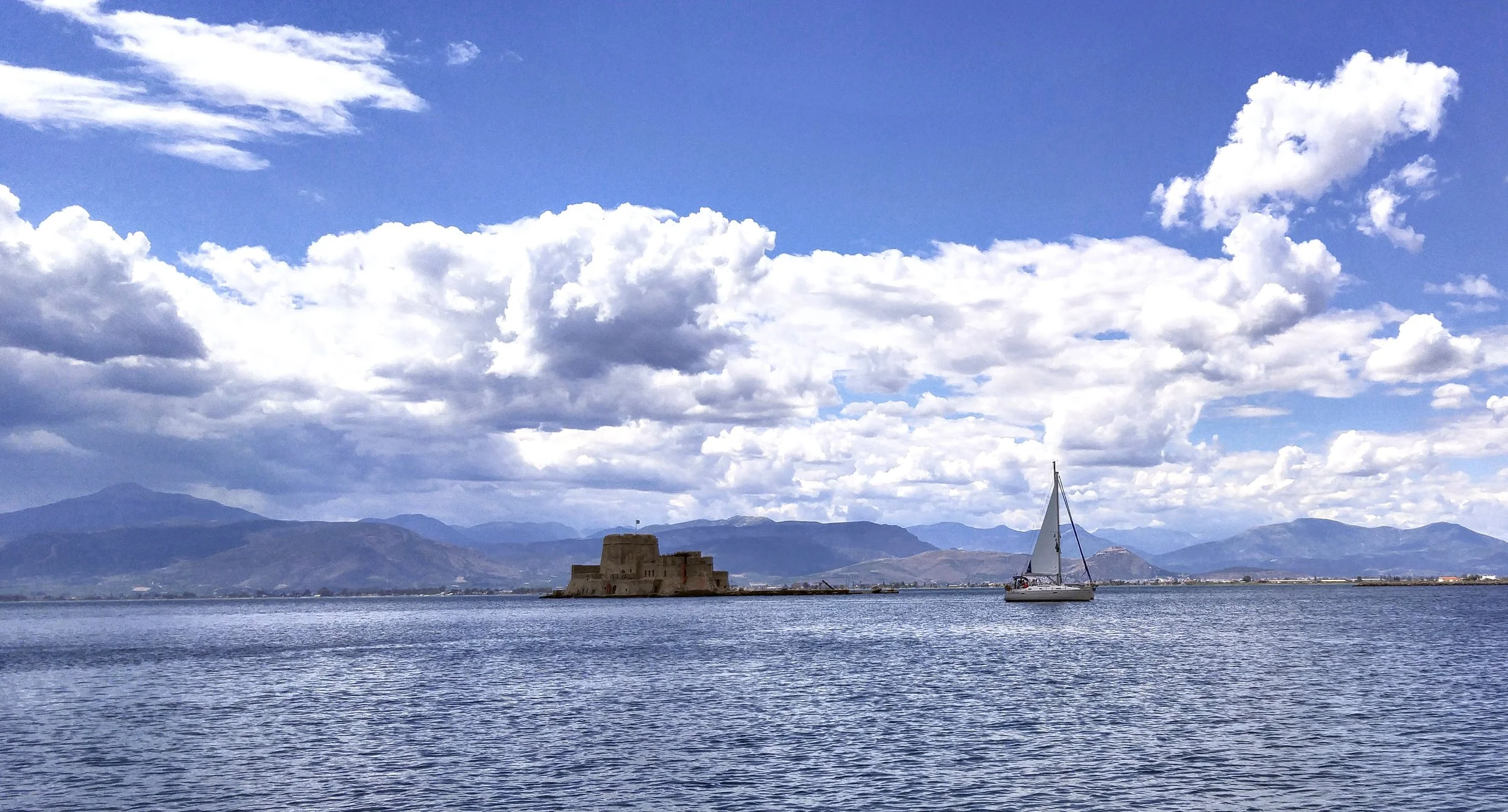 View of Bourtzi fortress (built by the Venetians) guarding the harbour of Nafplio. 