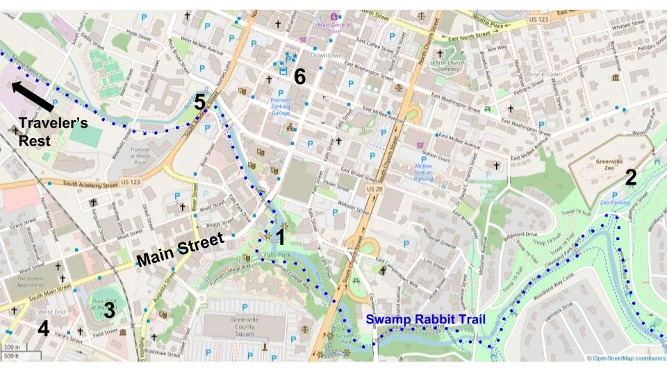 1= Falls Park on the Reedy, 2= Greenville Zoo and Cleveland Park, 3= Fluor Field, 4= great Airbnb house, 5= Linky Stone Park, 6= Reedy Rides
