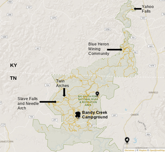 Map of all of the places we visited and hiked in Big South Fork. Map courtesy of the NPS with my own additions.