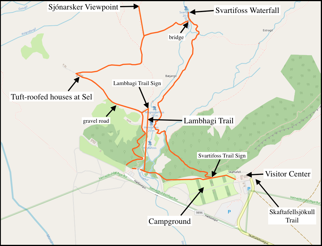 Svartifoss-Sjónarsker-Sel Loop Hike-Map courtesy of openstreetmaps.org.
