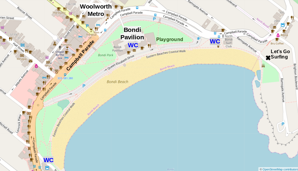 Map of Bondi Beach. Restaurants line Campbell Parade.