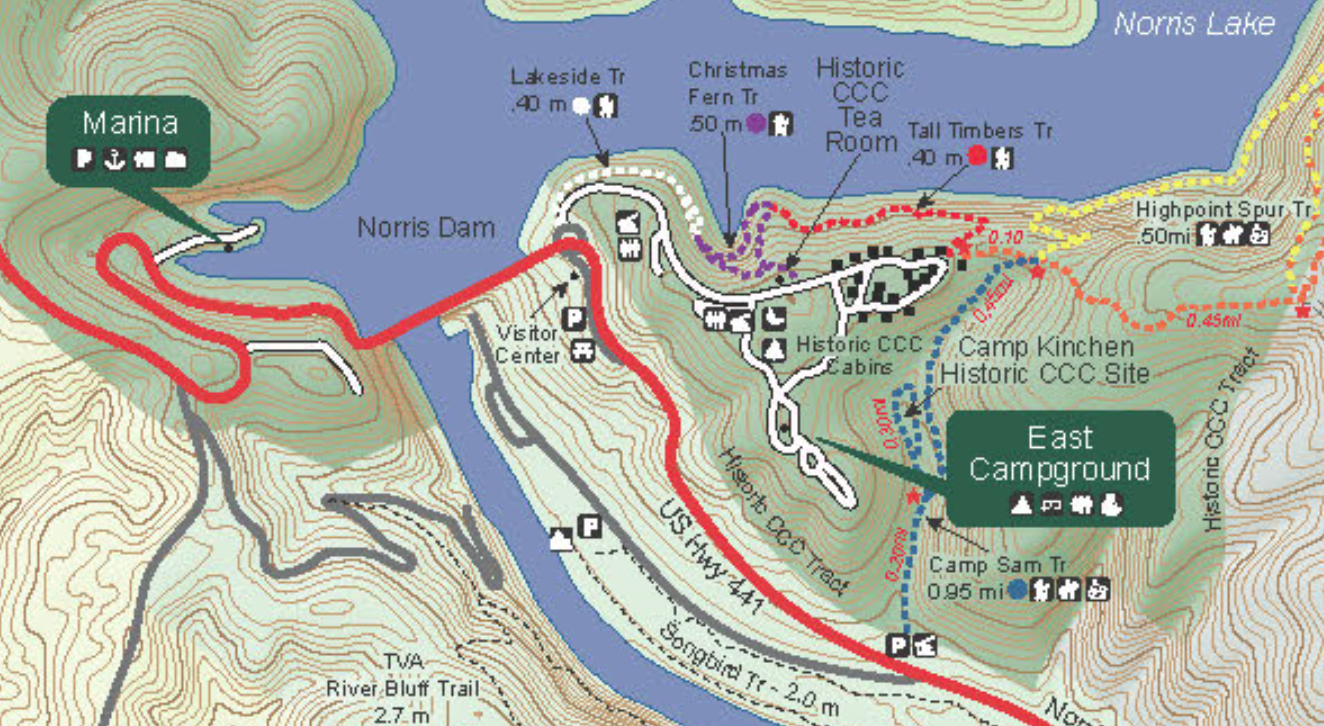  Map of the east side of Norris Dam State Park, courtesy of TN State Parks 