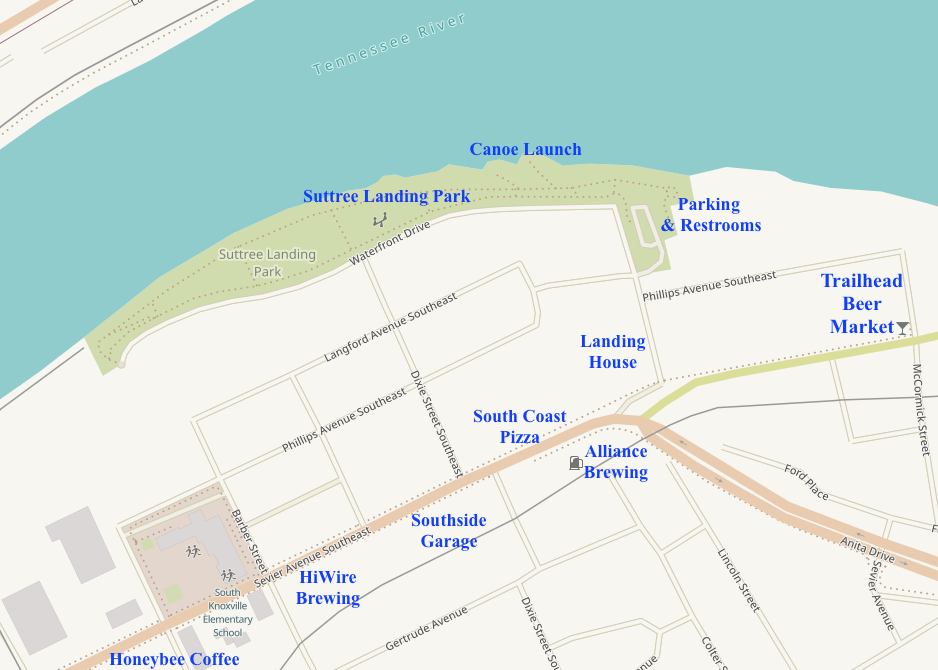 Google Map of Sevier Avenue in South Knoxville annotated with restaurants