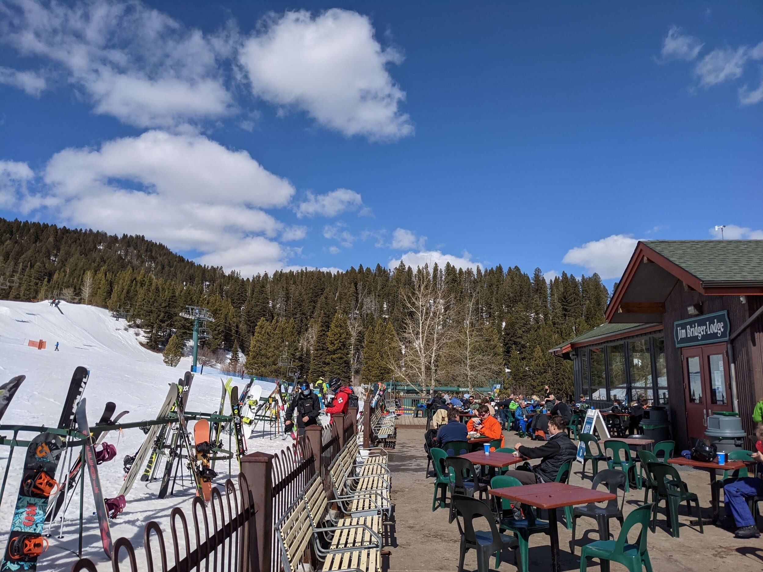  One of the half pipes is right outside Jim Bridger Lodge and watching people do awesome tricks makes for an entertaining lunch. (Occasionally they wipe out too which is also entertaining. And scary as a parent.) 