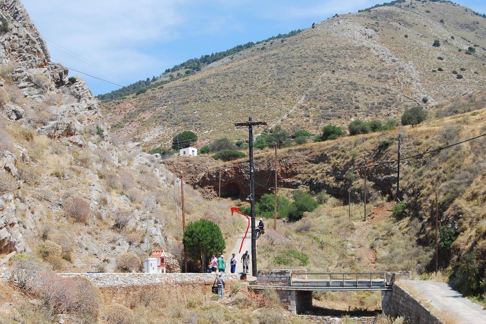 The path we walked from Agios Konstantinos is marked in red. It joins the coastal path before you cross the bridge to come into Vlychos.