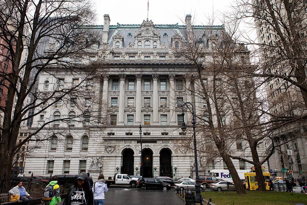 New York City's Municipal Archives building in Manhattan. The archive contains city documents such as birth certificates, official documents, and the Mayoral archive. 