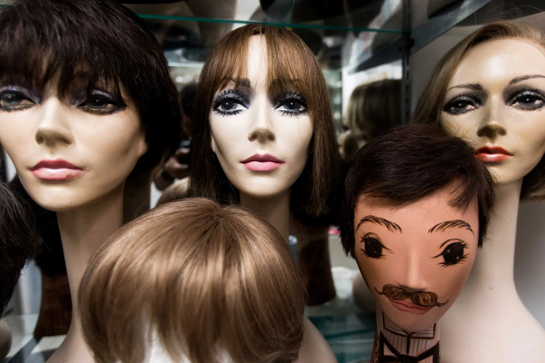 Wigs at Nicholas Piazza’s studio in Manhattan.