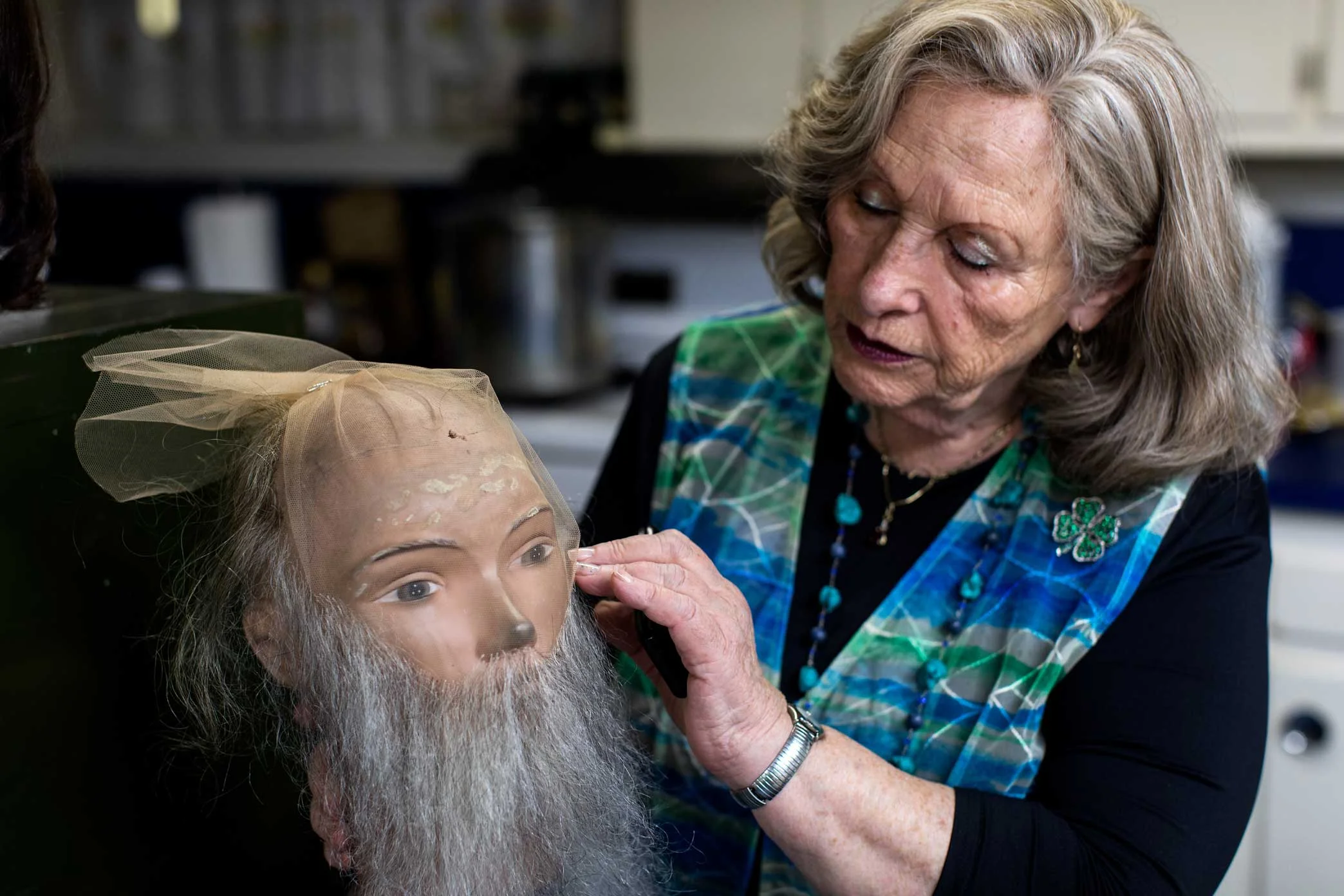 Claire Grunwald makes wigs and beards for the Orthodox Jewish community at her studio in Brooklyn.
