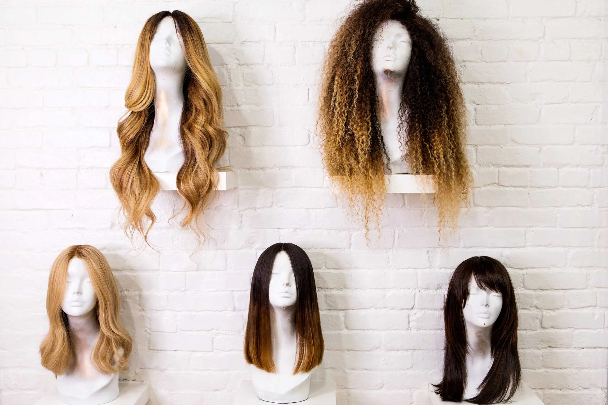Wigs on display at Araya, Hadiiya Barbel’s wig studio in Manhattan.