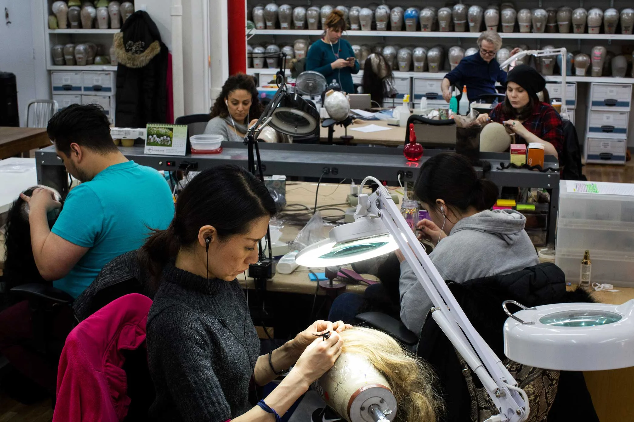 The workspace at the Tom Watson Wig Design Studio in Manhattan.