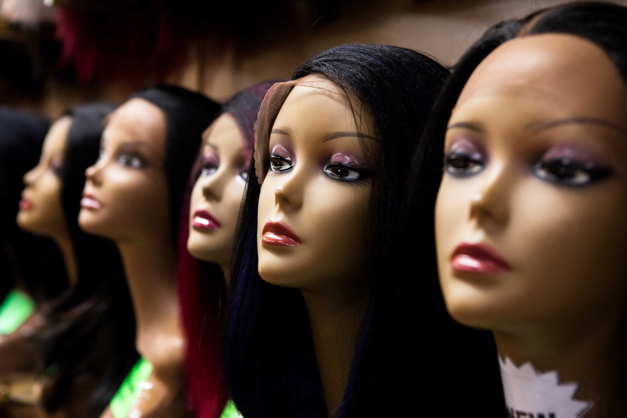  Wigs on display at Apollo Beauty Land in Harlem, Manhattan. 