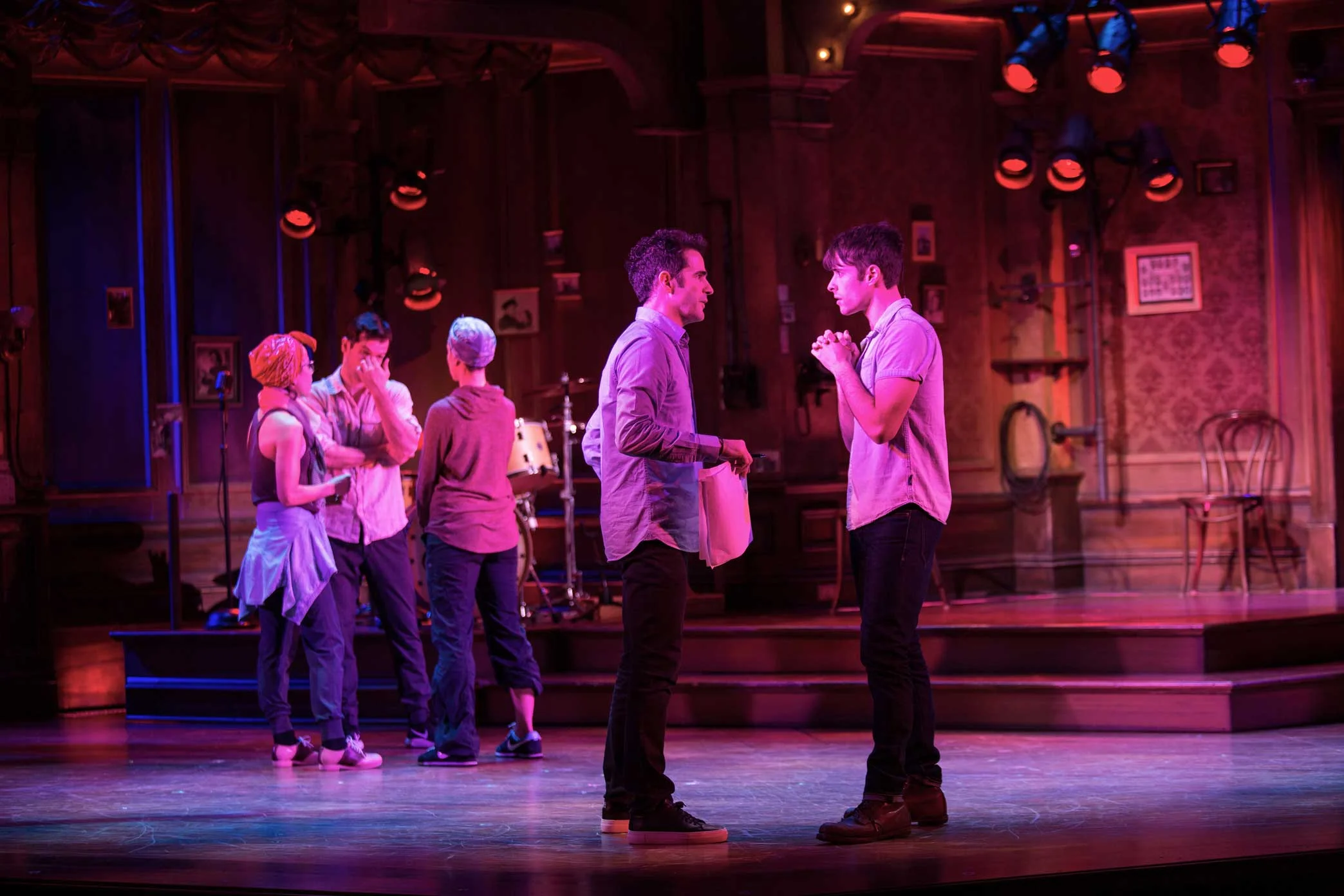 Mr. Blankenbuehler, left, with the actor Corey Cott. 3:25 p.m. Mr. Blankenbuehler spent about six minutes chatting alone with Mr. Cott about a crucial scene early in “Bandstand” that pivots on two words Mr. Cott’s character says. The words were cut about two weeks ago but were recently restored.