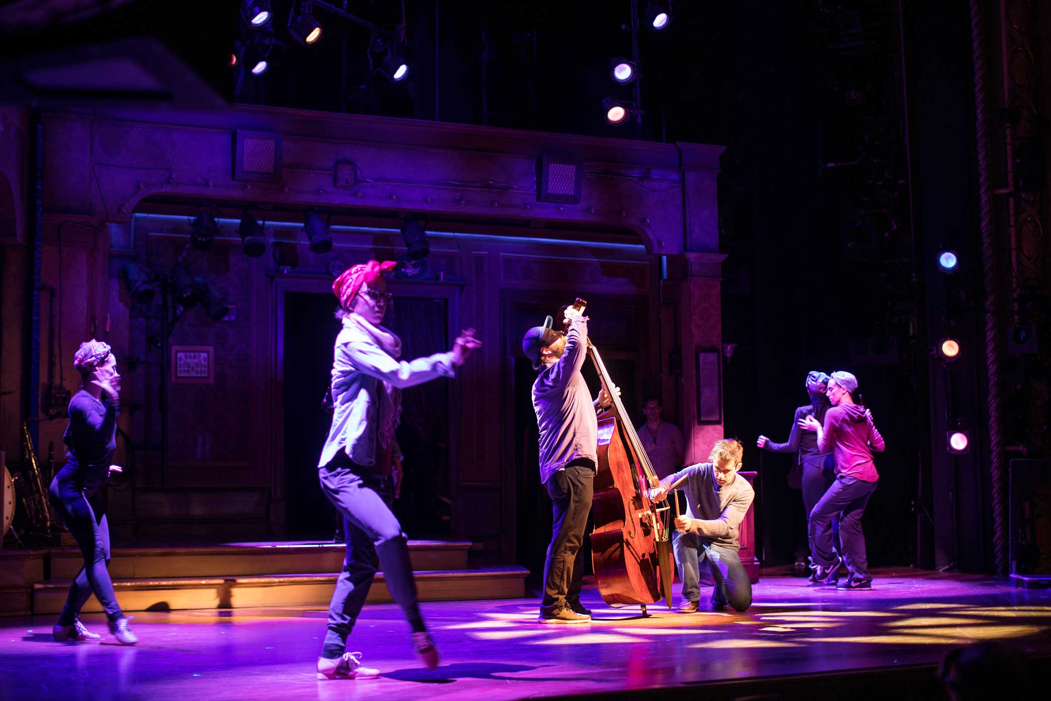  Actors rehearse a dance number.  4:09 p.m.&nbsp;Mr. Blankenbuehler demonstrated come-hither moves to two female dancers (far right, above) for a musical transition that involved a standup bass. He showed the women how he wanted them to wiggle their 