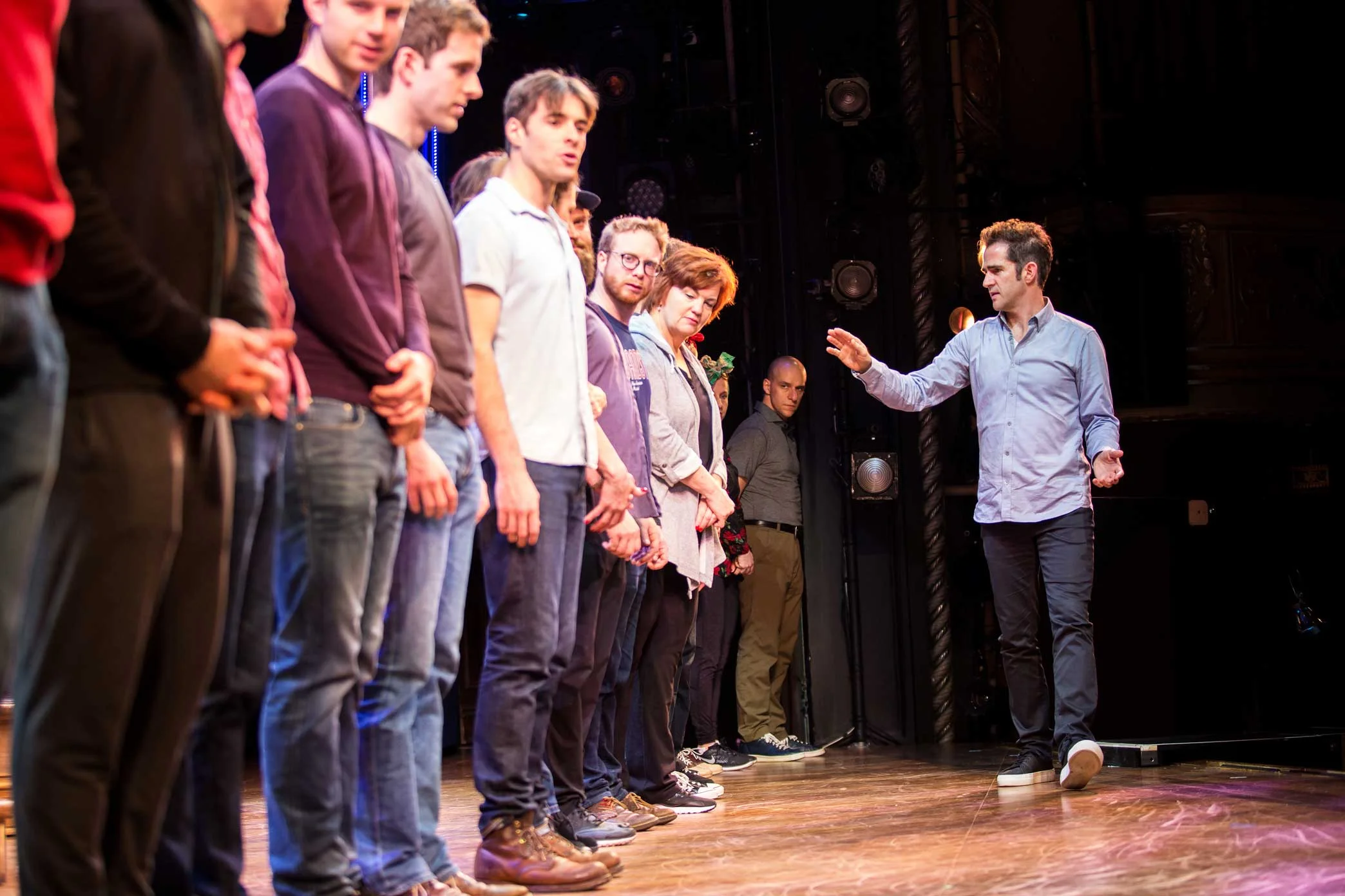 The cast lining up to rehearse the curtain call. 1:10 p.m. Mr. Blankenbuehler spent almost an hour fleshing out a fully choreographed curtain call for the first time. He repeatedly moved actors in and out of position and asked for shifts in lighting as they tried out their cues.