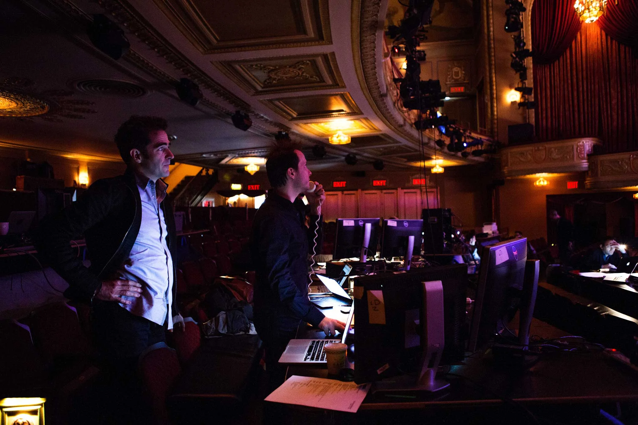 Mr. Blankenbuehler, left, with the lighting designer Jeff Croiter. 11:48 a.m. For the first fix of the day, Mr. Blankenbuehler had to figure out why light and actor weren’t gelling in a “button,” a tiny moment that signals to the audience that an element in the show is over. He consulted with the lighting designer, Jeff Croiter, on how best to handle a first-act transition in the number “You Deserve It,” set at a bar and involving the actor Drew McVety and the ensemble.