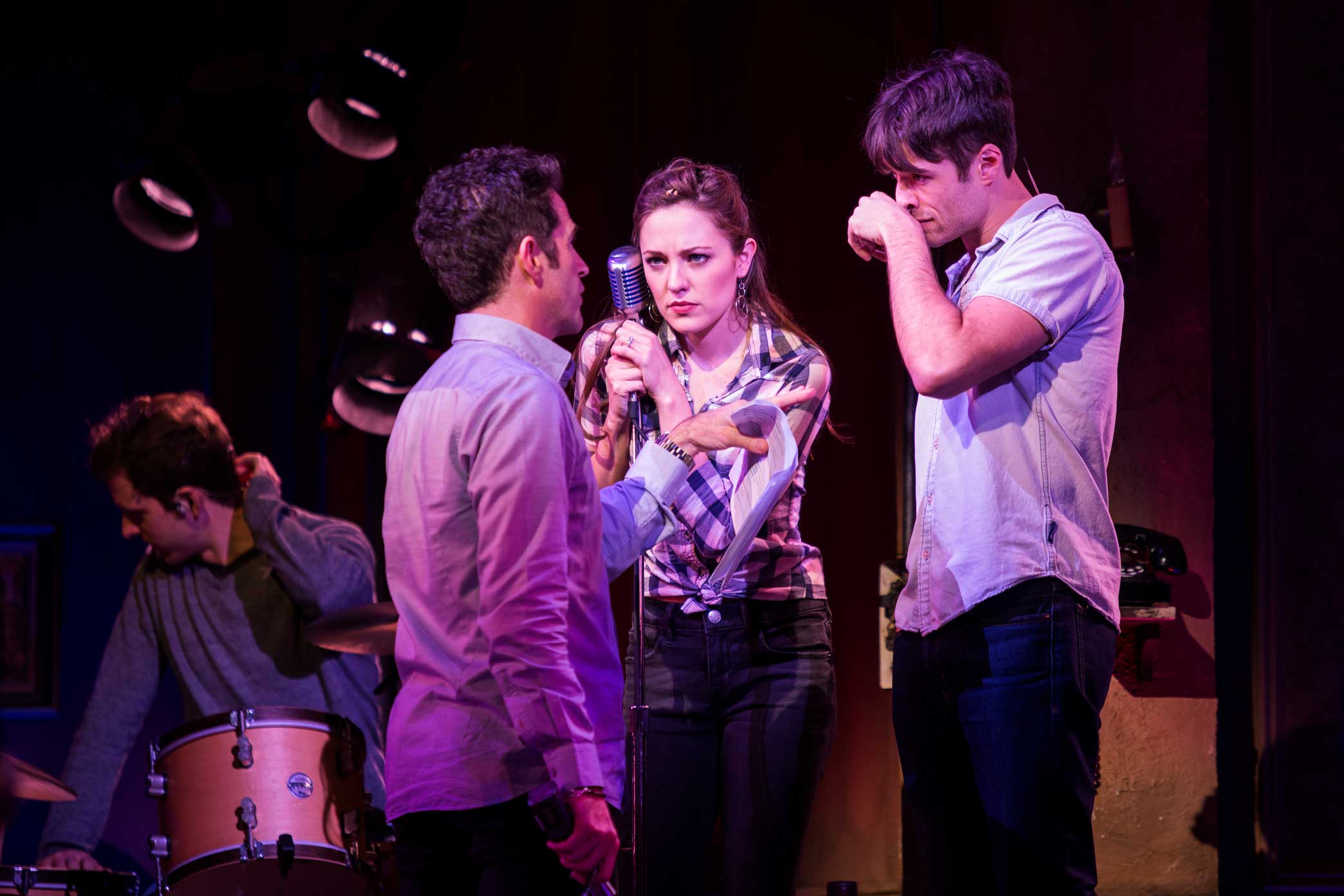  Mr. Blankenbuehler, left, with the actors Laura Osnes and Corey Cott.  2:05 p.m.&nbsp;Repeated calls of “Five, six, seven, eight” echoed throughout the theater as Mr. Blankenbuehler figured out the right way to properly light Ms. Osnes and Mr. Cott 