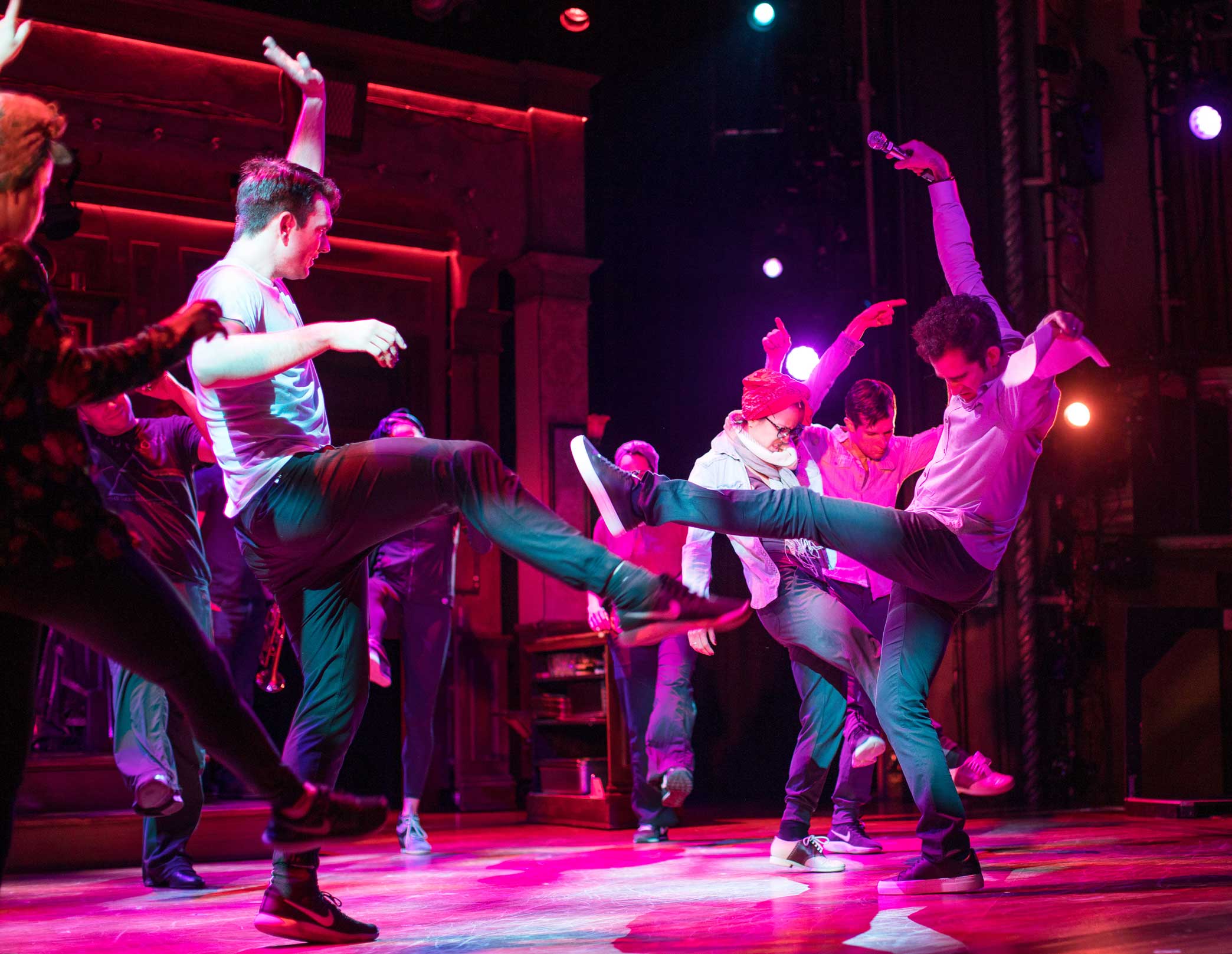  Right, Director Andy Blankenbuehlerr demonstrates a dance move correction for the &nbsp;Broadway Musical “Bandstand” cast during the last rehearsals at the Bernard B. Jacobs theater in Manhattan.&nbsp; 